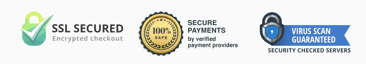 SSL secured checkout, 100% safe payments, and virus scan guaranteed – Ring Quiet Plus trust badges